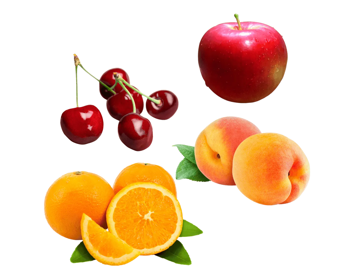 Fresh fruit assortment on a plain white background, including a red apple, a cluster of red cherries, two peaches, and several oranges with green leaves.