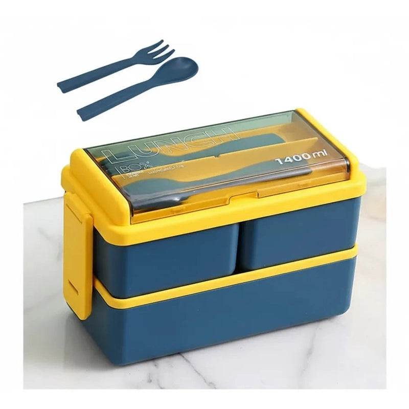 Double Layered Lunch Box With Cutlery Set 14:173#Double layer Blue
