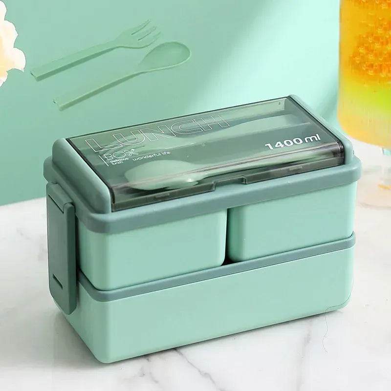 Double Layered Lunch Box With Cutlery Set 14:175#Double layer Green