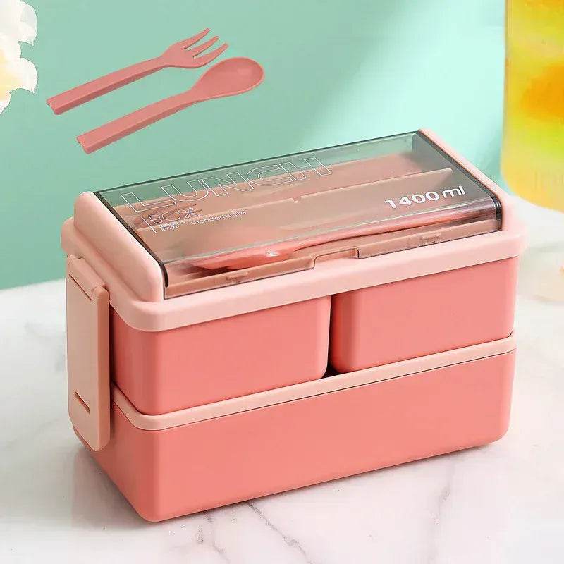 Double Layered Lunch Box With Cutlery Set 14:29#Double layer Pink